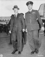 British Prime Minister Clement Attlee, accompanied by Captain D. Somerville, arriving at Berlin-Gatow airfield, Berlin, Germany, 28 Jul 1945
