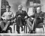 Joseph Stalin, Franklin Roosevelt, and Winston Churchill on the portico of the Soviet Embassy during the Tehran Conference, Iran, 29 Nov 1943, photo 1 of 2