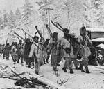 Finnish troops on the march into Battle of Raate Road, Finland, Jan 1940