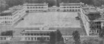 The central plaza of Selarang Barracks and surrounding buildings, Changi, Singapore, circa late 1940s