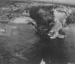 Mako harbor under USAAF B-25 bomber attack, Pescadores Islands, Taiwan, 4 Apr 1945, photo 1 of 2
