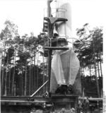 Rail-mounted V-2 rocket, Peenemünde, Germany, 1940s, photo 2 of 4