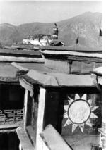 Chinese Nationalist Party emblem painted on a government building in Lhasa, Tibet, China, 1938