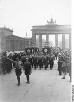 Nazi Party SA men in parade before the Brandenburg Gate, Berlin, Germany, Nov 1933