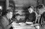 Soviet commissars of 1st Guards Division eating a meal near the front, 28 Nov 1942