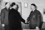 Subhash Chandra Bose and Adolf Hitler, Reich Chancellery, Berlin, Germany, 29 May 1942; note translator Paul Schmidt in background