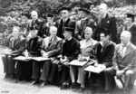 Honorary degree award ceremony for Robert Oppenheimer, George Marshall, Omar Bradley, and T. S. Eliot at Harvard University, Cambridge, Massachusetts, United States, 5 Jun 1947