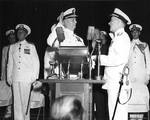 Admiral Burke taking oath as US Navy Chief of Naval Operations, Dahlgren Hall, US Naval Academy, Annapolis, Maryland, United States, 17 Aug 1955; Rear Admiral Ira Nunn was administering the oath