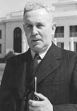 Prime Minister Ben Chifley outside the Provisional Parliament House in Canberra, Australia, 1948
