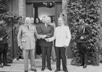 Churchill, Truman, and Stalin shaking hands during the Potsdam Conference, Germany, 23 Jul 1945, photo 3 of 3