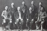 Honjo Shigeru (first row, first from left), Rihachiro Banzai (first row, second from left), Kenji Doihara (rear row, first from right), and other Japanese diplomats and spies, 1918