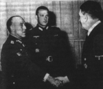 Spanish Army General Esteban Infantes shaking hands with Adolf Hitler, circa 1940s