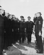 King George VI inspecting the crew of USS Augusta, Plymouth, England, United Kingdom, 2 Aug 1945