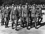 SS-Gruppenführer Reinhard Heydrich, flanked by Heinrich Müller and Heinrich Fehlis and followed by Walter Schellenberg, Rudolf Schiedermair, and others, at the Ekeberg cemetery for German soldiers in Oslo, Norway, 3-6 Sep 1941