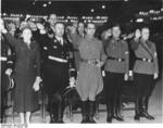 Gertrud Scholtz-Klink, Heinrich Himmler, Rudolf Heß, Baldur von Schirach, and Artur Axmann at a Hitler Youth rally, Berlin, Germany, 13 Feb 1939; Himmler