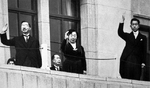 Emperor Showa, Empress Kojun, and Crown Prince Akihito greeting the public, Japan, 10 Nov 1952