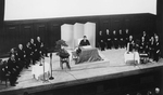Emperor Showa speaking at the ceremony of the 70th anniversary of the founding of Meiji University, Tokyo, Japan, 17 Nov 1950