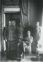 Finnish Regent Carl Gustaf Emil Mannerheim (seated) with his adjutants Lieutenant Colonel Lilius, Captain Kekoni, Lieutenant Gallen-Kallela, and 2nd Lieutenant Rosenbröijer, Finland, circa 1919