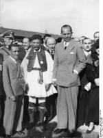 Crown Prince Paul of Greece with the first Olympic marathon winner Spiridon Louis at Tempelhof Airport, Berlin, Germany during the 1936 Summer Olympic Games, 30 Jul 1936