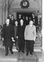 Neville Chamberlain and Adolf Hitler at Rheinhotel Dreesen, Bad Godesberg, Bonn, Germany, 22-24 Sep 1938; note Joachim von Ribbentrop in background