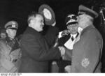 Vyacheslav Molotov and Joachim von Ribbentrop shaking hands, Anhalter Station, Berlin, Germany, 14 Nov 1940