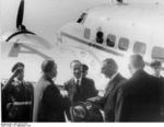 Joachim von Ribbentrop greeting Neville Chamberlain at the airport in Köln, Germany, 22 Sep 1938