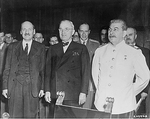 Clement Attlee, Harry Truman, Vyacheslav Molotov, and Joseph Stalin during the Potsdam Conference, Germany, 1 Aug 1945, photo 1 of 2