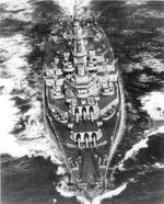 Aerial bow view of US battleship Alabama underway, 1945; note upgraded SC-1 Seahawks float planes on her catapults