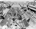 USS Boarfish and USS Blueback in the drydock at Mare Island Navy Yard, Vallejo, California, United States, 12 Jun 1946