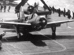 SB2C Helldiver aircraft of US Navy Bombing Squadron 17 preparing for launch from USS Hornet (Essex-class) for strikes against Japan, Mar 1945