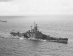 Battleship Indiana underway at sea, circa late Jan 1944; cropped from US Navy Naval Historical Center photograph NH 52662 to emphasize the camouflage scheme