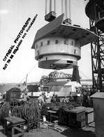 Installation of the No. 3 turret of battleship North Carolina, New York Navy Yard, Brooklyn, New York, United States, 7 Sep 1940, photo 2 of 2