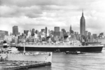 SS Stevens (lower left) and RMS Queen Elizabeth (in Hudson River) with New York, New York, United States in the background, 30 Oct 1968; photograph taken from Hoboken, New Jersey, United States