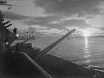 HMS Rodney on the Firth of Forth at sunset, Scotland, United Kingdom, date unknown