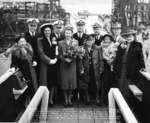 Group photograph of the launching party of submarine Trepang, Mare Island Naval Shipyard, California, United States, 23 Mar 1944; Commander Roy Davenport at center