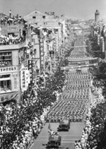 Jeeps in the National Day parade, intersection of Chongqing South Road Section 1 and Hengyang Road, Taipei, Taiwan, Republic of China, 10 Oct 1961, photo 1 of 2
