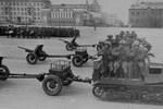 T-20 Komsomolets armored tractors on parade, Kuybyshev Square, Kuybyshev (now Samara), Russia, 7 Nov 1941