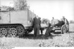 15 cm NbW 41 launcher being connected to the towing hitch of a halftrack, Russia, fall 1943, photo 1 of 2