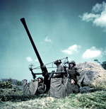 Traplin, Heldon, and Kennedy of the Canadian Army manning a 40-mm Bofors anti-aircraft gun in Normandy, France, mid-Jun 1944