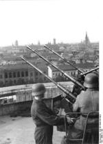 German Flakvierling 38 anti-aircraft gun atop a flak tower in Berlin, Germany, date unknown