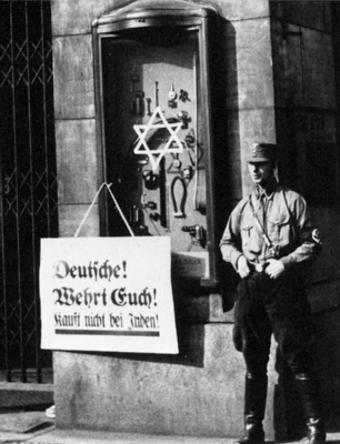 'Germans, defend yourselves, do not buy from Jews' sign posted in Germany, 1 Apr 1933