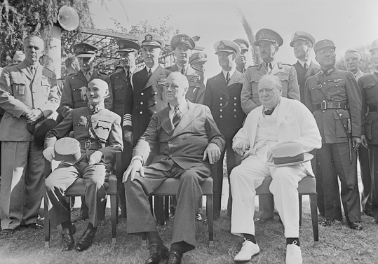 Chiang Kaishek, Franklin Roosevelt, and Winston Churchill at the Cairo Conference, Egypt, Nov 1943, photo 2 of 3
