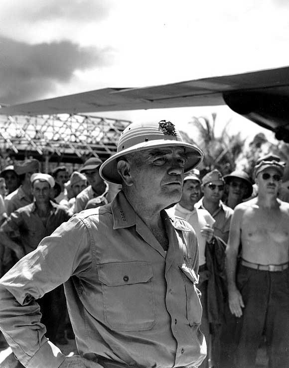 William Halsey with US Marines, sailors, and soldiers, Emirau Island, Bismarck Archipelago, 25 May 1944