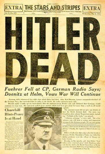Hitler's death as reported by the 2 May 1945 issue of US Army magazine Stars and Stripes