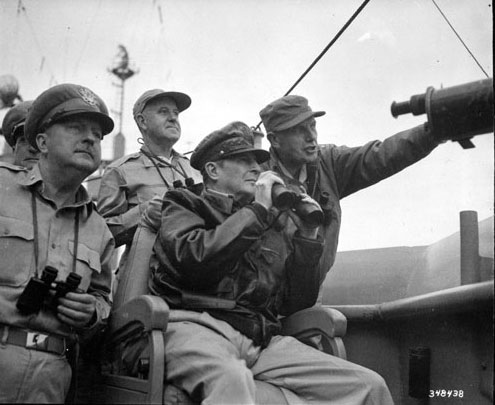 Courtney Whitney, Douglas MacArthur, and Edward Almond aboard AGC Mount McKinley during the Inchon landings, 15 Sep 1950, photo 2 of 2