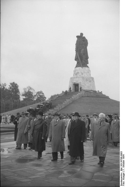 Hermann Matern, Otto Grotewohl, Vyacheslav Molotov, and Walter Ulbricht at the Soviet War Memorial, Berlin-Treptow, East Germany, 7 Oct 1954