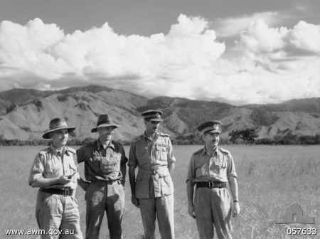 Lt Gen Edmund Herring, Lt Col J. A. Bishop, Maj Gen G. A. Vasey, and Lt Gen Leslie Morshead at Ramu Valley, New Guinea, 1 Oct 1943