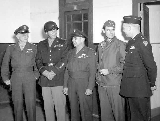 Carl Spaatz, George Patton, James Doolittle, Hoyt Vandenberg, and Otto Weyland in France, 1944