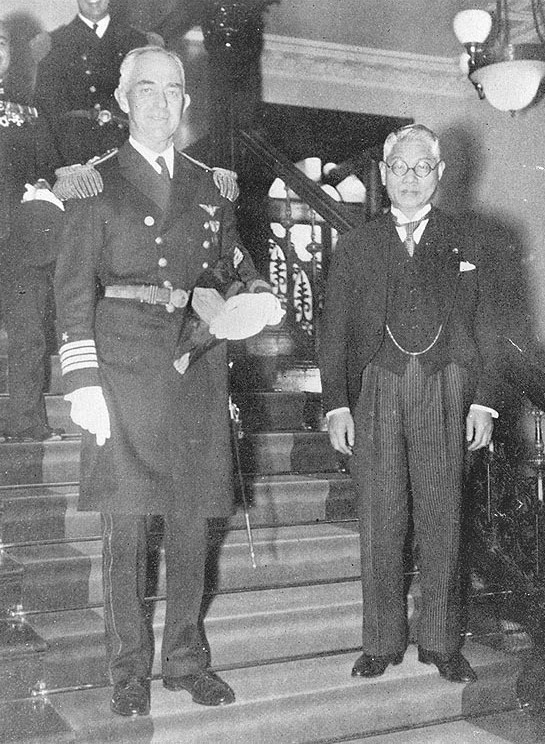 US Navy Captain Richmond Turner and Japanese Foreign Minister Hachiro Arita at Arita's official residence, Tokyo, Japan, Apr 1939