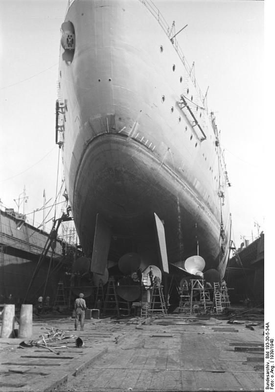 View of German battleship Bismarck's stern in drydock, 1939-1940